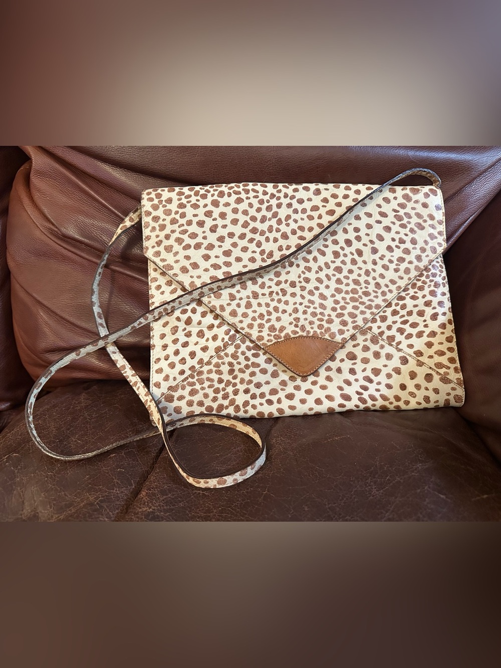 Furla Leather Animal Leopard Print Envelope Clutch Crossbody Bag Cream Brown